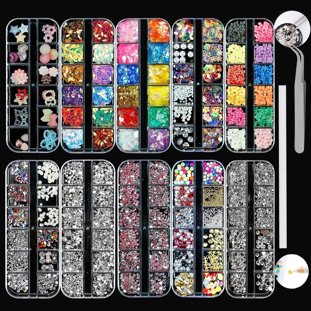 10 cutii kit de strasuri pentru unghii, accesorii multifuncționale cu 1 pensetă, diamante decorative, cristale, perle, pietre prețioase, colorate, amestecate, ochi de cal, pietre metalice, pentru decorarea unghiilor DIY