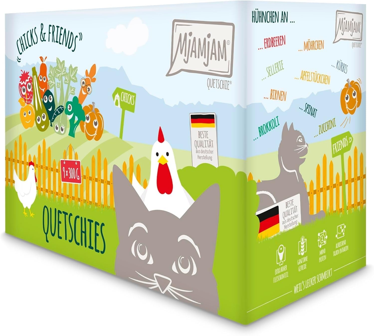 Mjamjam - Hrană umedă premium pentru pisici - Chicks & Friends Box, 9 pachete (9 X 300G), fără cereale și cu carne suplimentară