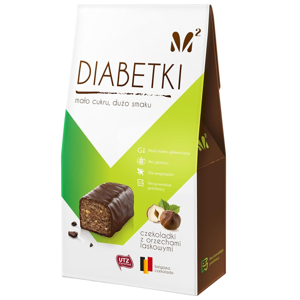 Praline cu alune DIABETKI, ciocolată fără zahăr, dulciuri delicioase pentru consumatori conștienți și diabetici, gustări fără gluten și vegetariene 100g