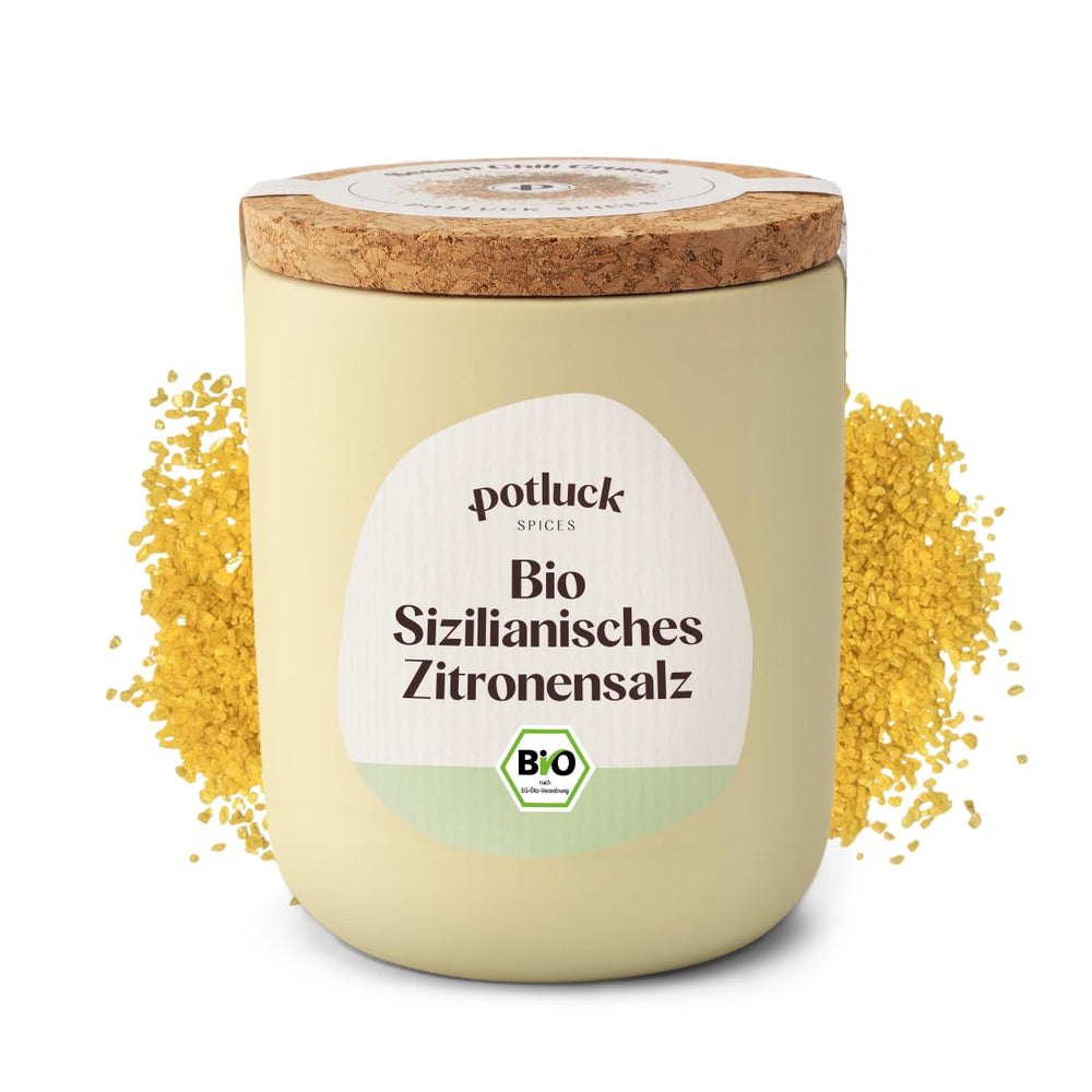 Potluck | Bio Sizilianisches Zitronensalz | Gewürzsalz für Fisch, Meeresfrüchte, Gemüse, Salate und Dressings | 140g im Keramiktopf