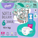 Scutece Bella Baby Happy Premium, mărimea 6, Junior Extra, 15+ kg, 96 de bucăți, sigiliu DERMATEST și OEKO-TEX, scutece de unică folosință pentru bebeluși