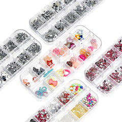 10 cutii kit de strasuri pentru unghii, accesorii multifuncționale cu 1 pensetă, diamante decorative, cristale, perle, pietre prețioase, colorate, amestecate, ochi de cal, pietre metalice, pentru decorarea unghiilor DIY