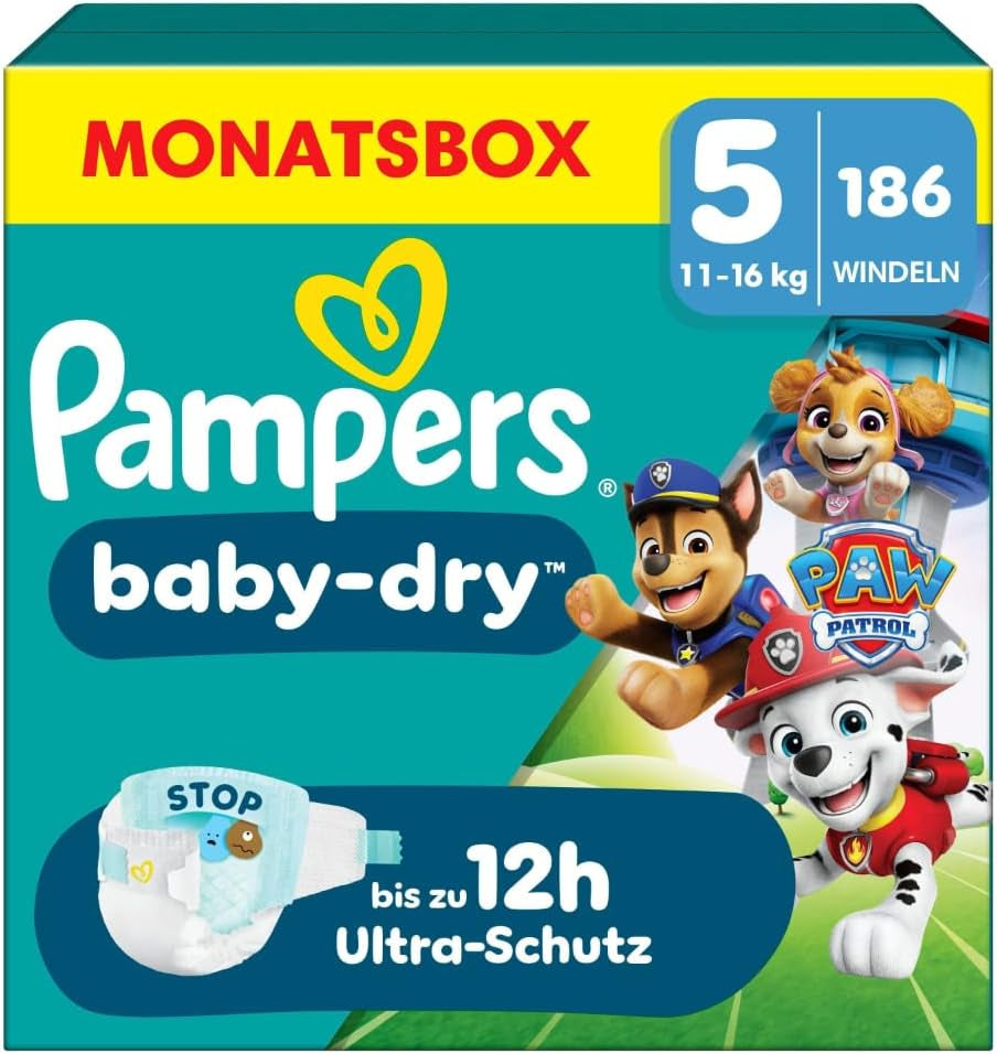 Scutece Pampers Baby-Dry Ediția Patrula Cățelușilor, mărimea 5, 186 de scutece, 11 kg - 16 kg, protecție împotriva scurgerilor de până la 100% și confort toată noaptea