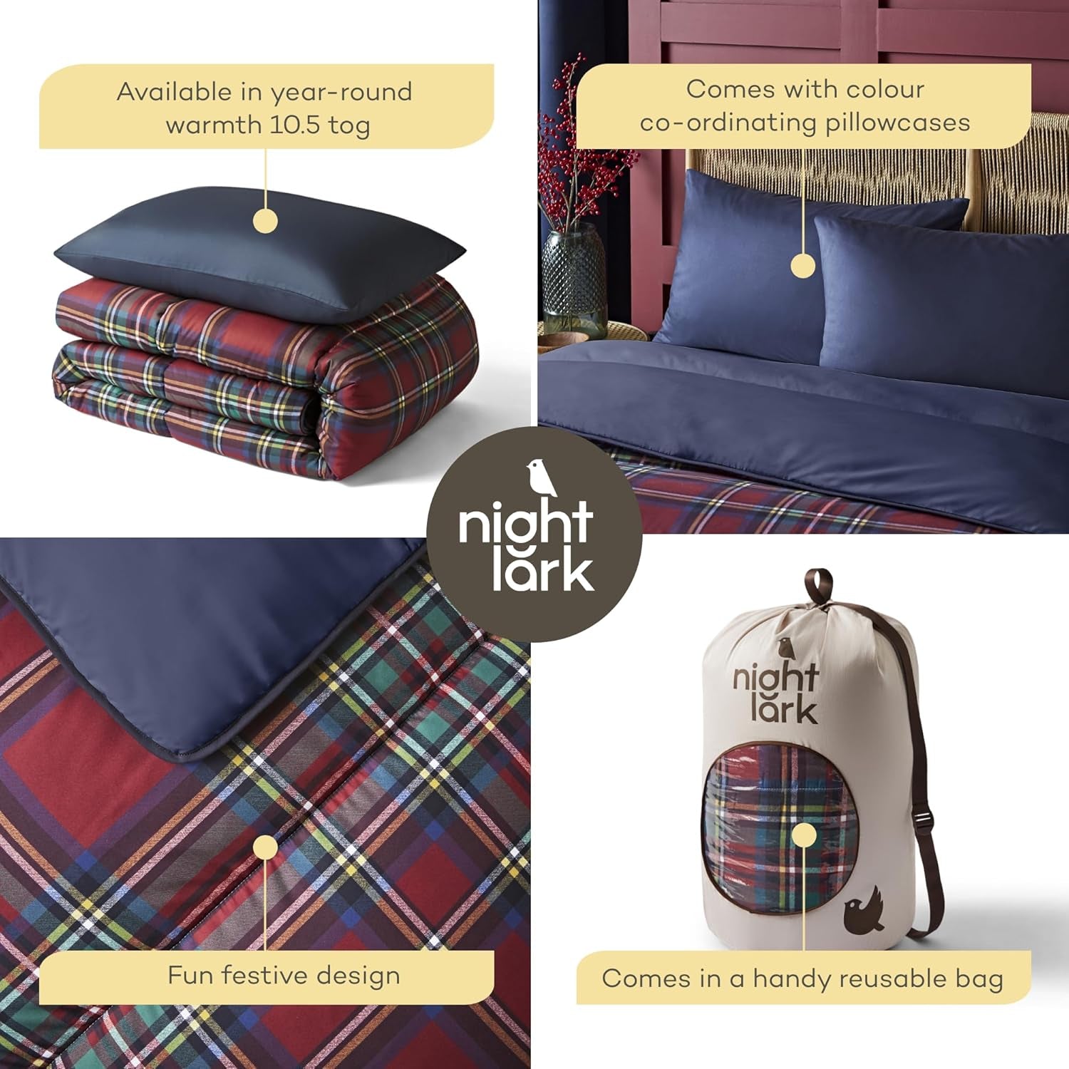 Set plapumă și față de pernă Night Lark, 10,5 tog, pat single, tartan roșu clasic, lenjerie de pat de lux, hipoalergenică, lavabilă la mașină Plapumi si pilote Naty Shop