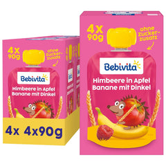 Pliculețe stoarcibile cu fructe, zmeură, măr, banană și speltă – 16 bucăți (pachet de 4, 4 x 90 g fiecare), fără zahăr adăugat, făcute din fructe blânde și cereale valoroase, ideale pentru gustări la pachet și pentru consumul independent