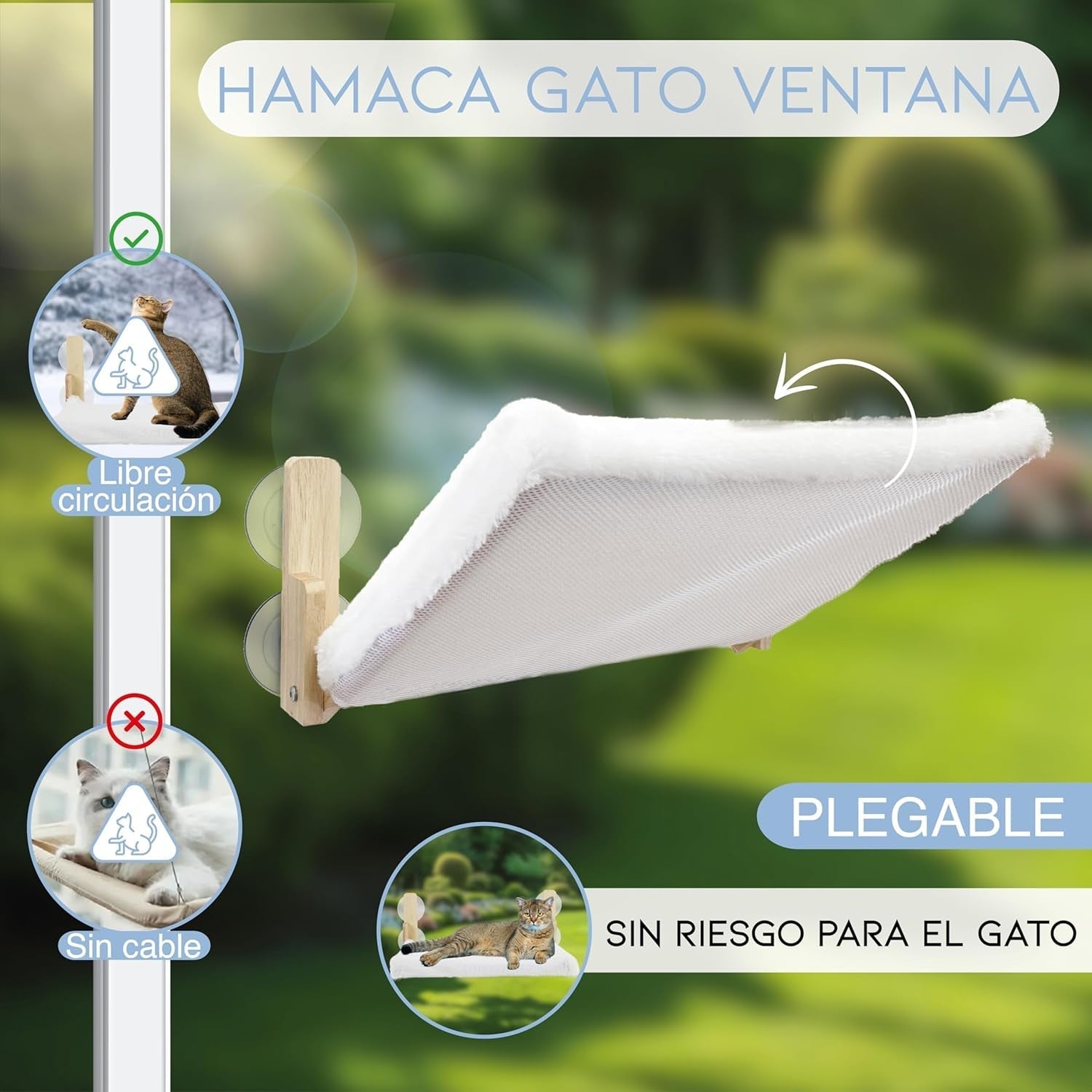 Hamac pentru pisici, fereastră, din lemn, pliabil, pat pentru pisici, pervaz, cu pătură reversibilă pentru iarnă și vară, hamac pentru pisici cu 4 ventuze, pat pentru pisici cu fereastră pentru pisici și