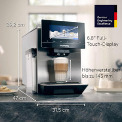 Espressor automat Siemens EQ900 TQ903D03, control prin aplicație, afișaj tactil intuitiv, mod barista, AromaBoost, reducere a zgomotului, râșniță premium, curățare automată cu abur, 1500 W, oțel inoxidabil