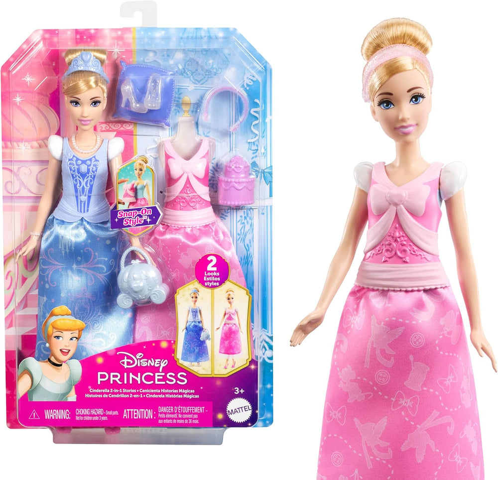Jucării Mattel Disney Princess, păpușă Cenușăreasa la modă cu 2 ținute, 9 accesorii, 2 topuri cu clipsuri și 2 fuste. Povești 2 în 1 inspirate din filmul Disney, JCR95