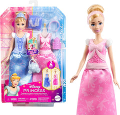 Mattel Disney-Princess-Spielzeuge, Cinderella-Modepuppe mit 2 Looks, 9 Accessoires, 2 Oberteile zum Anklipsen und 2 Röcke. 2-in-1-Geschichten inspiriert vom Disney-Film, JCR95