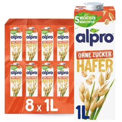 Alpro Haferdrink ohne Zucker – Milchalternative auf Haferbasis – Vegan und laktosefrei – Reich an Ballaststoffen, Calcium und Vitaminen – 8 x 1 L