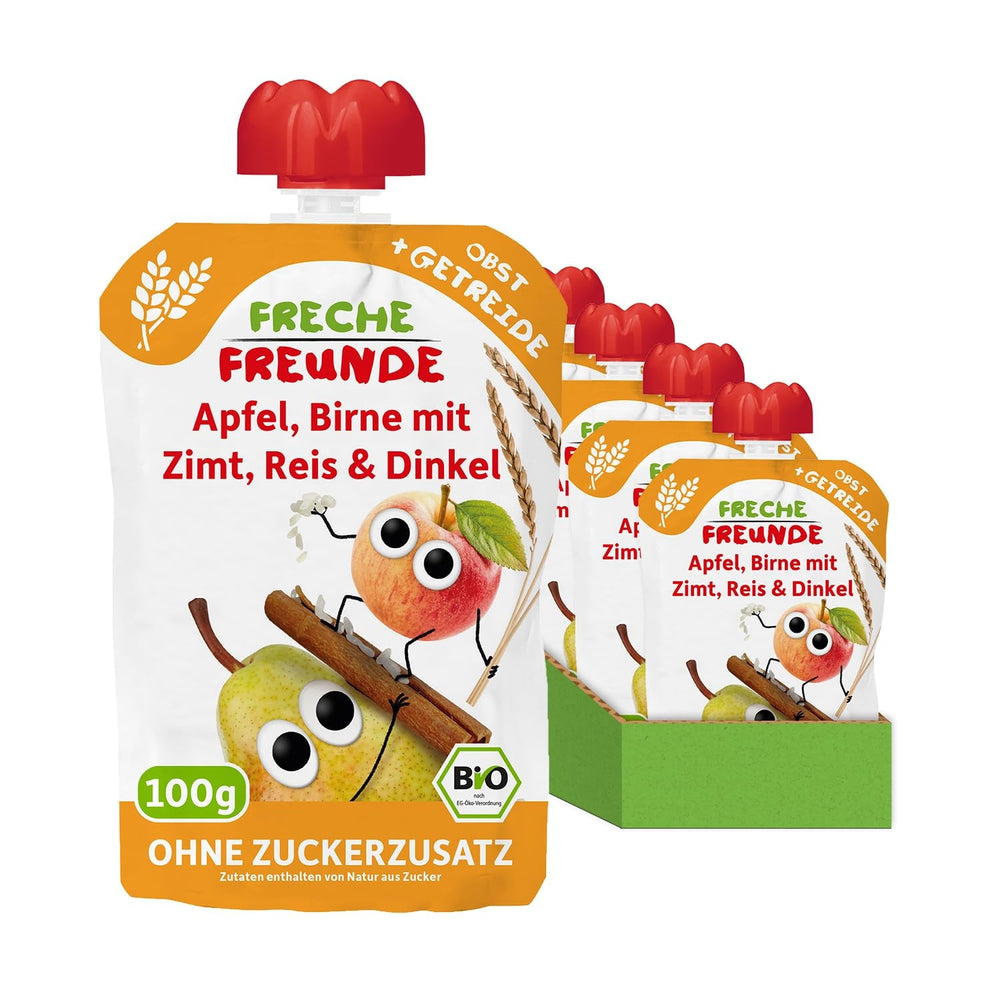 FRECHE FREUNDE Pungă de fructe organică, stoarcabilă, cu mere, pară cu scorțișoară, orez și speltă, piure de fructe cu cereale pentru bebeluși de la 6 luni, vegan, pachet de 6 (6 x 100g)