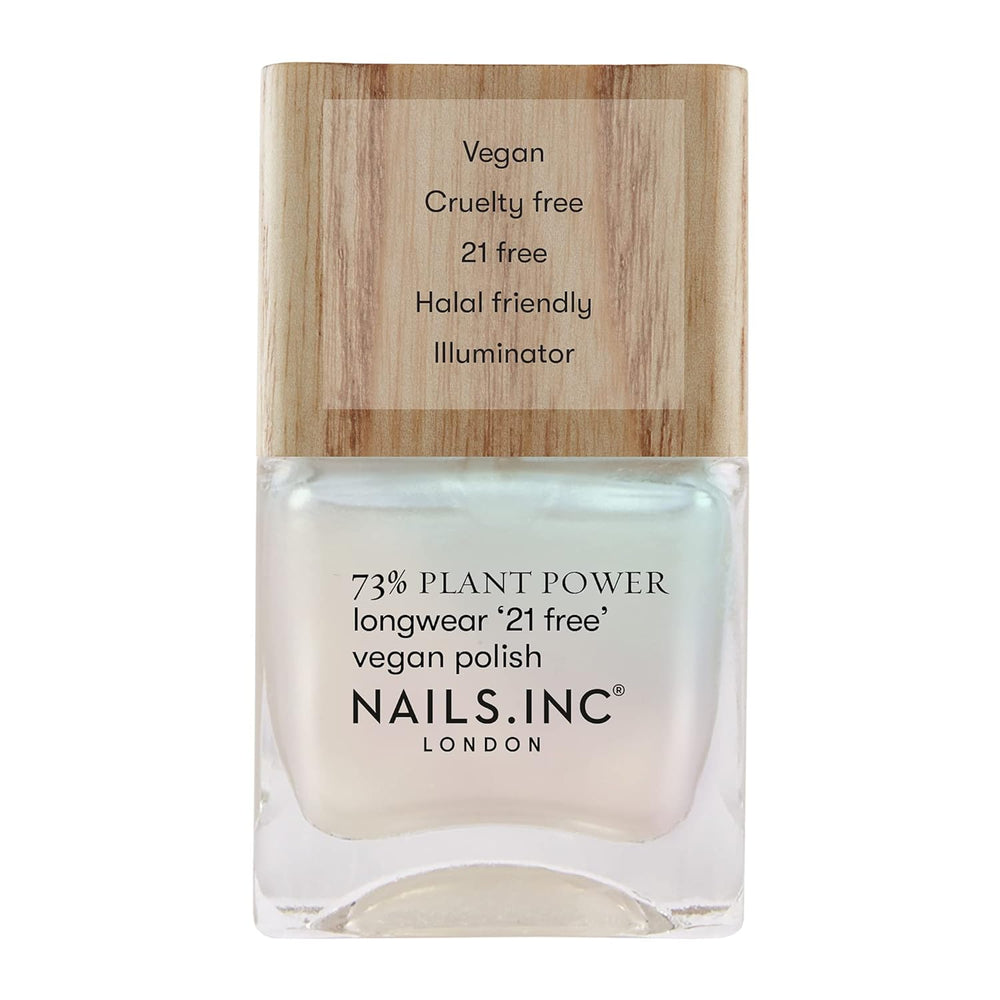 Nails Inc - Oja vegană GLOWING SOMEWHERE Plant Power - 73% pe bază de plante, 100% vegană și fără cruzime - Manichiură perfectă, sidefat strălucitor - Pentru o nail art ecologică