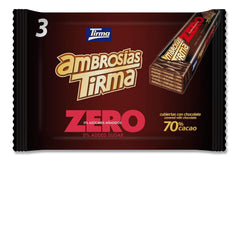 Napolitane cu ciocolată neagră Tirma 70% cacao | Fără zahăr adăugat | Potrivite pentru dietele keto | Conținut scăzut de carbohidrați | Pentru diabetici | Pachet multiplu de napolitane cu ciocolată | 3 bucăți | 64,5 g