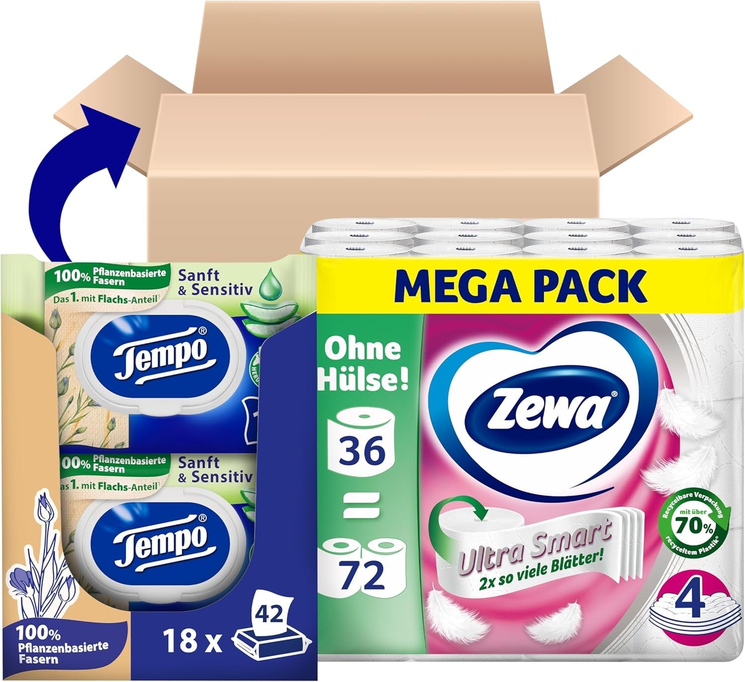 Pachet vrac de hârtie igienică Zewa Ultra Smart, 36 de role a 280 de coli fiecare, rolă gigant, 4 straturi+ hârtie igienică Tempo, umedă, moale-sensibilă, pachet trio (18 pachete X 42 coli fiecare), pachet vrac