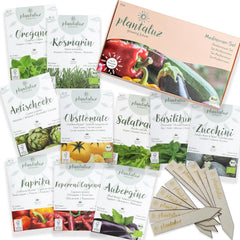 Set de semințe premium organice Plantaluz P04 – Set de semințe mediteraneene pentru legume și plante aromatice cu 10 soiuri pentru grădină, balcon și straturi înalte – incl. bețe de plantare FSC – Semințe organice cu polenizare liberă și fără OMG