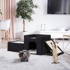 Relaxdays Katzenhöhle, faltbar, 3 Liegeplätze, Katzenhaus mit Kratzfläche, HBT: 36,5x112x41 cm, Katzenversteck, schwarz