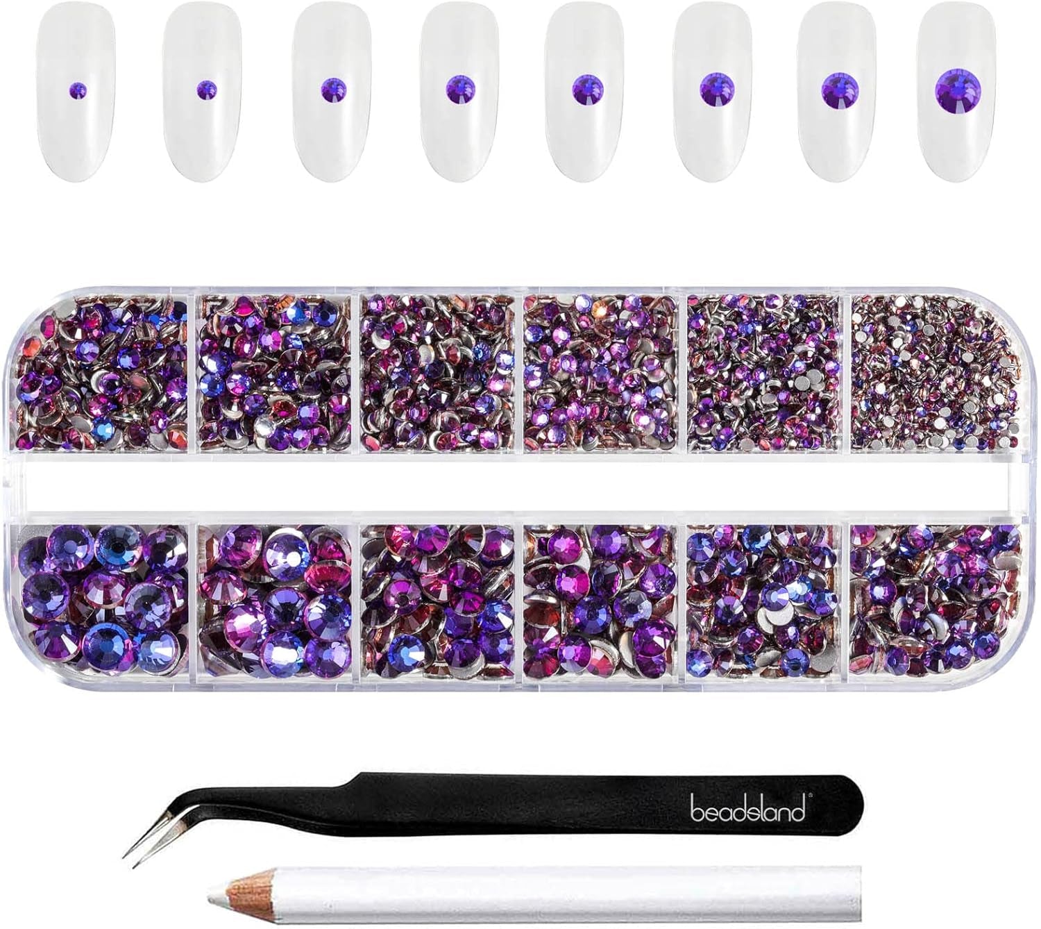 Beadsland 2500Pcs Glas Nailart Strasssteine Kristall Flatback Edelsteine Runde, Für Handwerk Gemischt 8 Größen SS4 ~ SS30 Mit Picking Pinzette Und Stift (Kristall Weiss)
