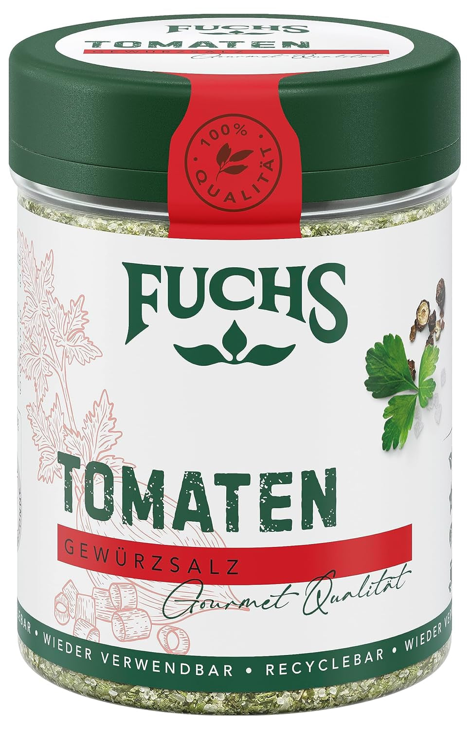 Fuchs Gewürze - Tomaten Gewürz - Gewürzsalz für Tomatenbrot, Frühstücksei oder Steak - natürliche Zutaten - 90 g in wiederverwendbarer, recyclebarer Dose