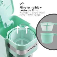 EHC113M# Espressor cu filtru pentru o singură servire, compact, personal, cu cană termică de călătorie din oțel inoxidabil în interior, pentru cafea măcinată, filtru reutilizabil, verde mentă, 400 ml