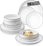 SÄNGER | Set de veselă Marlo cu margine neagră și albă, Set de veselă din porțelan cu 18 piese pentru 6 persoane, Alb cu accente negre, Farfurii de cină, Farfurii și boluri pentru desert, Design modern | COLECȚIA PREMIUM