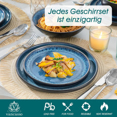 Set de veselă pentru 6 persoane, set de veselă din gresie Vancasso PLAYA, 24 de piese pentru 6 persoane, albastru, inclusiv farfurii, farfurii de sumă, boluri și farfurii de salată, potrivit pentru mașina de spălat vase și cuptorul cu microunde