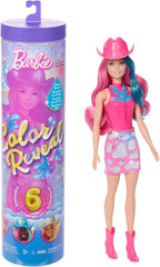 Păpușă Barbie Color Reveal și accesorii cu 6 surprize, serie Disco Star cu strălucire metalică și top care își schimbă culoarea (stilurile pot varia), JCP01, 32 cm