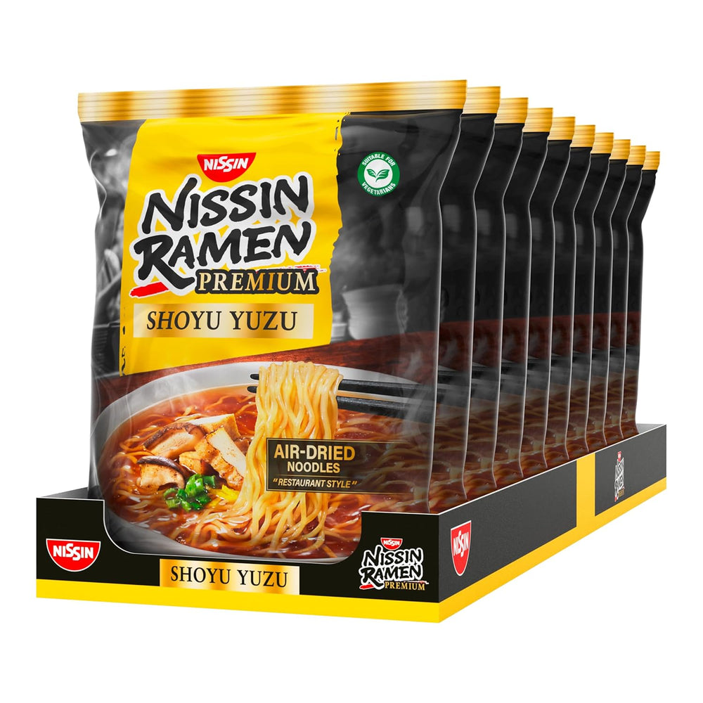 Nissin Ramen Premium - Shoyu Yuzu, pachet de 10 tăiței instant în stil japonez, uscați la aer, cu aromă de sos de soia yuzu și praz uscat (10 x 92,7 g)