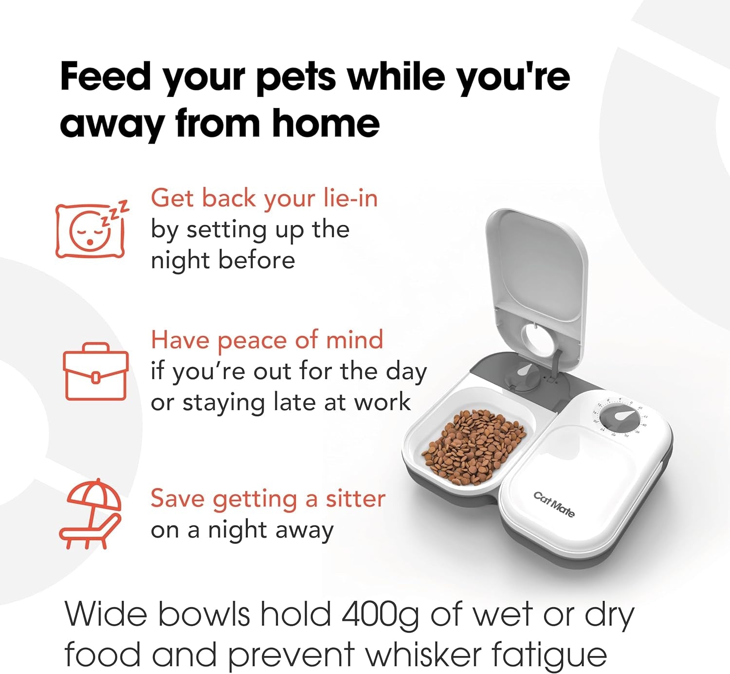 Cat Mate C200 Hrănitoare automată pentru 2 mese cu cronometru (401) - pentru pisici și câini mici, inclusiv baterie de răcire pentru hrană umedă și uscată, mese de până la 400 g fiecare, alb