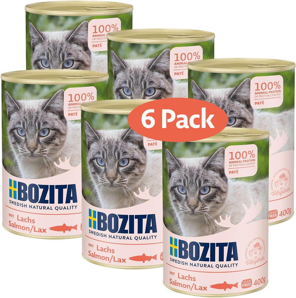 Pateu de somon fără cereale Bozita – 6 x 400 g hrană umedă pentru pisici și pisoi. Hrană completă cu 9,5% proteine și 5% grăsimi, fabricată din ingrediente naturale de înaltă calitate, fără cereale – din Suedia
