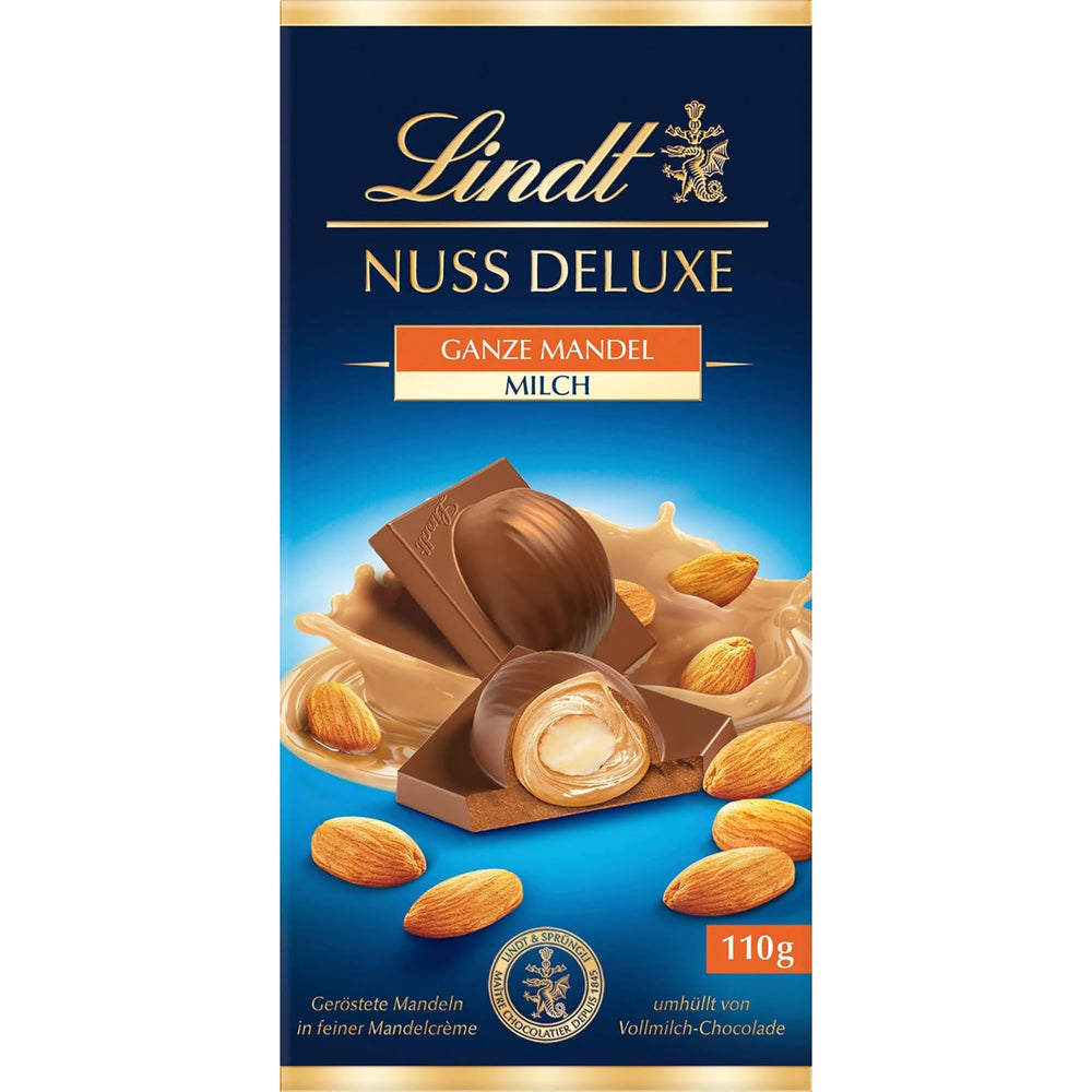 Lindt Chocolate | NUT DELUXE Baton de ciocolată cu lapte și migdale | 110g | Ciocolată cu lapte cu migdale prăjite într-o cremă fină de migdale | Baton de ciocolată