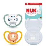 Suzete NUK Perfect Match Air pentru bebeluși | 6-18 luni | Suzete ortodontice care promovează circulația aerului și previn erupțiile cutanate cauzate de salivație | Acceptare 95% de către bebeluși** | Zebră/Leu | Pachet de 2