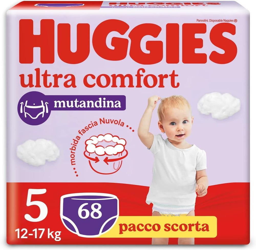 Huggies Ultra Comfort, Scutece-chiloți, Mărimea 5 (12–17 kg), Pachet de 68 de scutece-chiloți