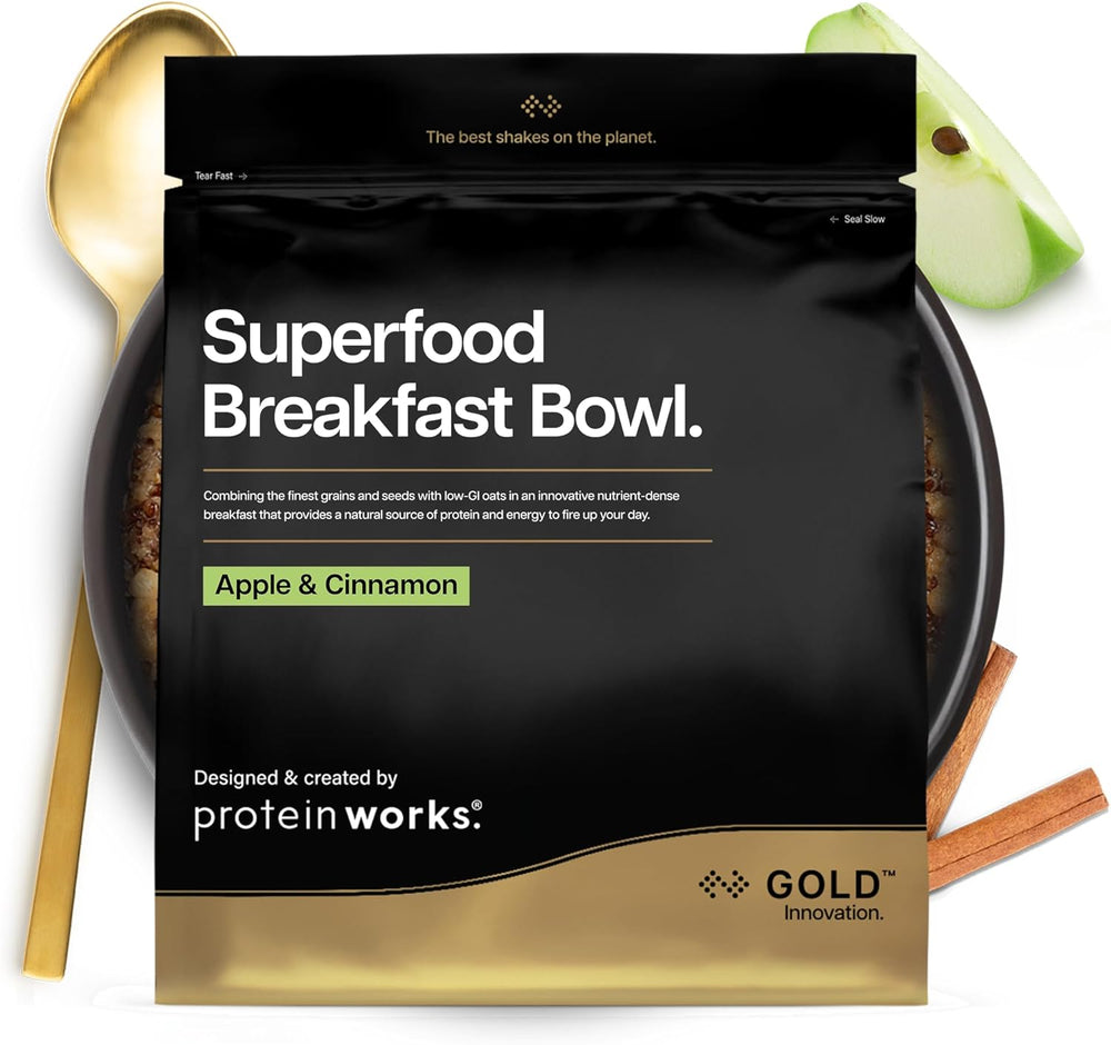 Protein Works | Mic dejun cu superalimente - Inovație GOLD, Cereale premiate, Muesli proteic, Bogat în nutrienți cu cereale, semințe și ovăz, Bogat în fibre, Măr și scorțișoară, 10 porții, 600g