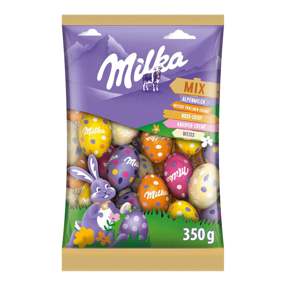 Mix pentru ouă Milka – Mix colorat de ouă de ciocolată umplute pentru Paște, în cinci variante – 350g
