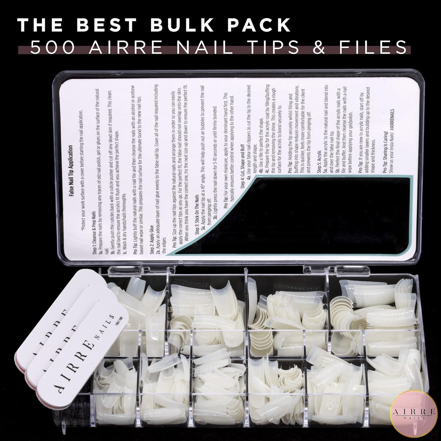 AIRRE 500 Unghii cu Gel Profesionale și 3 Pile cu Cutie - (10 Mărimi) Unghii False Semilună Franceze, Pentru Saloane și Uz Acasă, Tăiere, Pilire și Modelare, Gel UV/LED, Ojă și Nail Art (Natural)