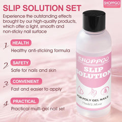 Soluție de îndreptare Polygel, Kit pentru unghii Polygel Slip Solution, Soluție de îndreptare 75 ml, Include 5 cleme pentru vârfuri de unghii, 3 perii de unghii, 1 cupă de cristal, 100 foi de curățare