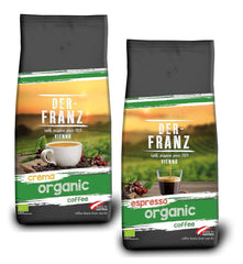 Pachet Cafea Organică Der-Franz: 1x Cremă Organică, 1x Espresso Organic, boabe întregi, 2 x 1000 g