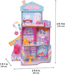 KidKraft Casă de păpuși din lemn, Castel cu bomboane, cu mobilier și accesorii, Casă cu figurină lamă unicorn, lift cornet de înghețată și scaun ursuleț gumat pentru păpuși, Jucărie pentru copii de la 3 ani în sus, 20242