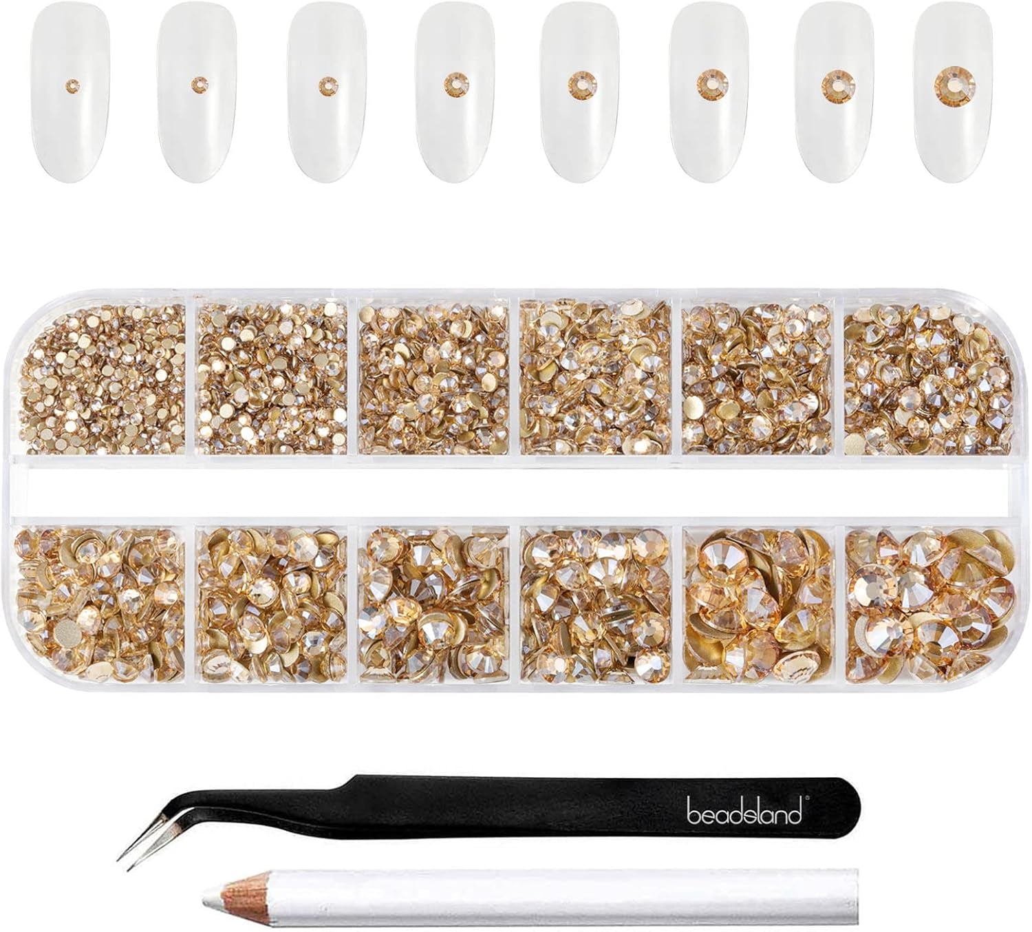 Beadsland 2500Pcs Glas Nailart Strasssteine Kristall Flatback Edelsteine Runde, Für Handwerk Gemischt 8 Größen SS4 ~ SS30 Mit Picking Pinzette Und Stift (Kristall Weiss)