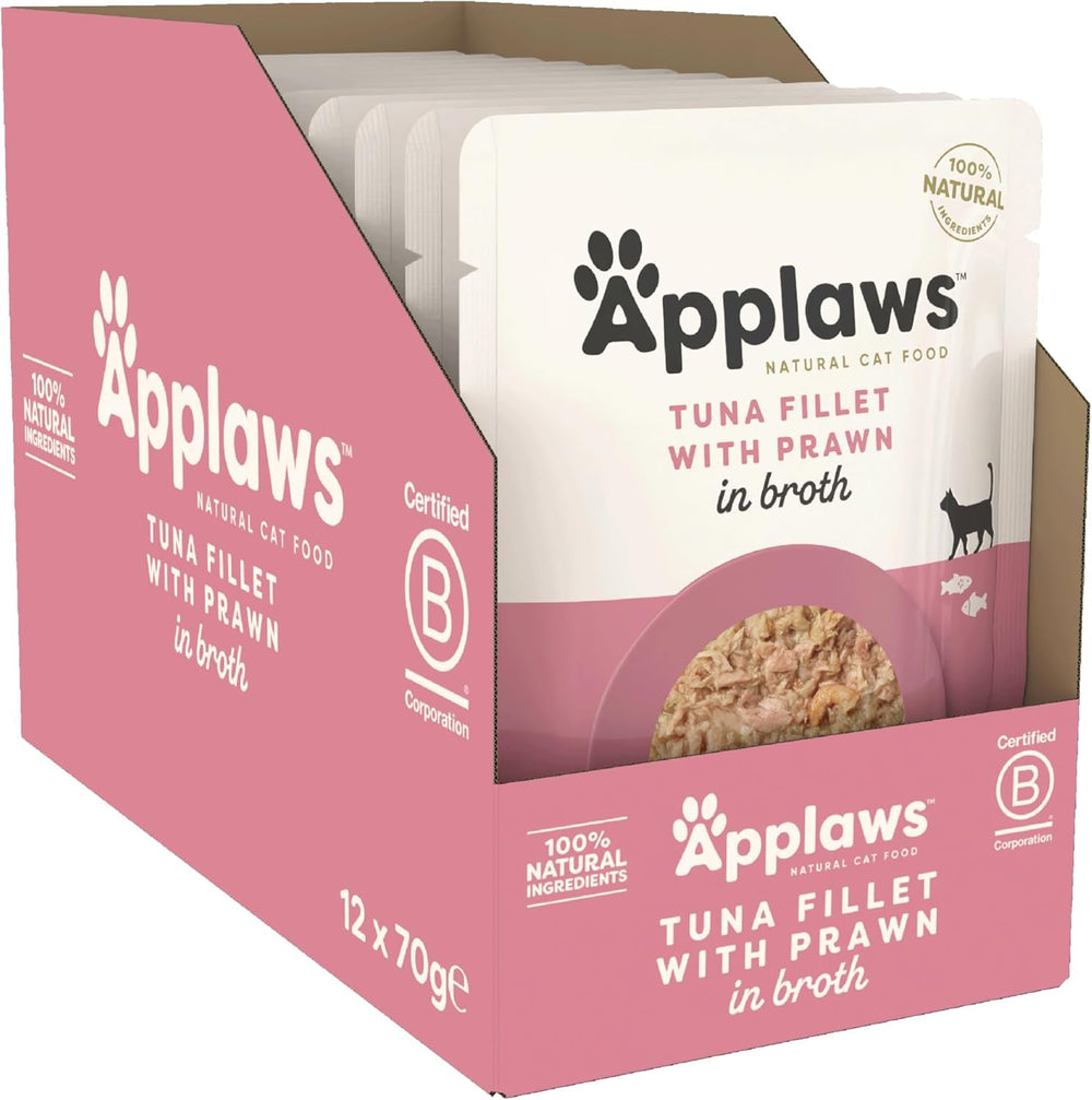 Applaws Premium Natural Hrană Umedă pentru Pisici, File de Ton cu Creveți din Pacific în Supă, Pliculețe Porționate 70g (12 x 70g)
