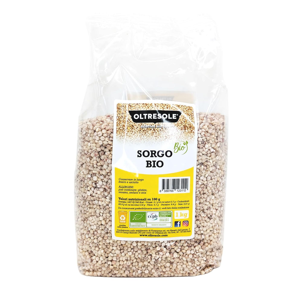 Sorg alb organic, 1 kg, decorticat, boabe crude, cultivat organic în Italia, pachet ideal pentru familie
