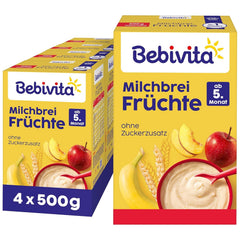 Terci de lapte cu fructe (4x500g), de la 5 luni, fără zahăr adăugat, cu minerale și vitamine valoroase, foarte sățios