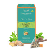 Teanourish Ghimbir Tulsi Ceai verde | 20 pliculețe de ceai piramidale | Darjeeling frunze întregi | Superalimente indiene Ghimbir, Tulsi & Lemn dulce | Ameliorează stresul și favorizează digestia