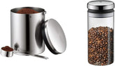 WMF cutie de cafea cu lingură de cafea Kult Cromargan din oțel inoxidabil cu finisaj mat 500g și borcan de depozitare 1 litru din sticlă Depot lavabil în mașina de spălat vase Cutii depozitare alimente Naty Shop Pachet cu cutie de depozitare