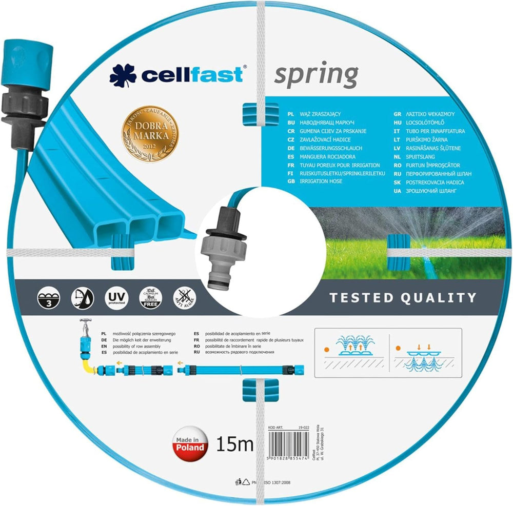 Furtun de irigații Cellfast SPRING, furtun de irigații cu trei canale și conectori completi, fabricat din fire de înaltă calitate, rezistent la UV, 15 m, 1/2 inch, 19-022, multicolor, 38x38x8 cm