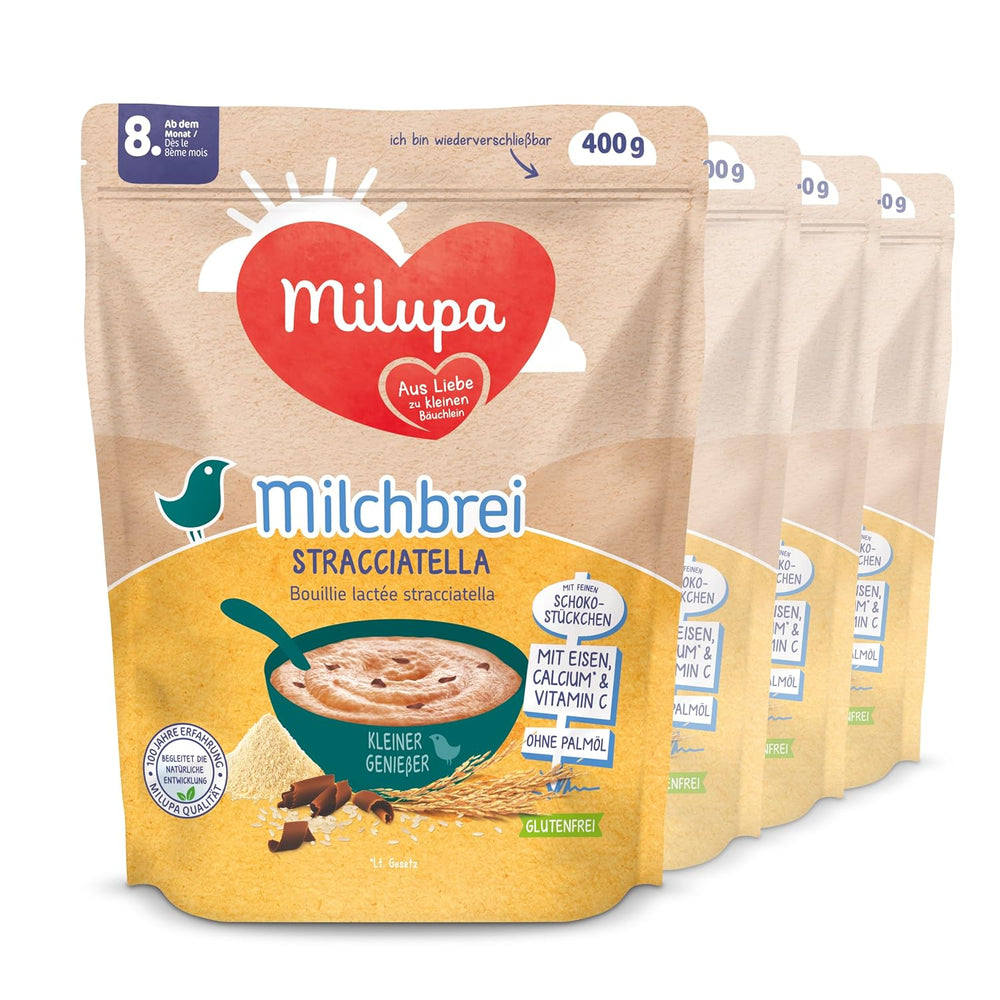 Terci de lapte Milupa Stracciatella – Cereale pentru bebeluși fără gluten, fără ulei de palmier – Fără conservanți și coloranți – De la 8 luni – 4 x 400 g