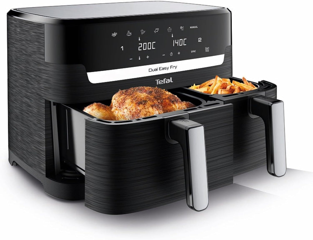 Tefal Dual Easy Fry Hot Air Fryer cu două camere, capacitate de 5,2/3,1 litri, două sertare independente, 7 programe Electrocasnice Naty Shop Negru