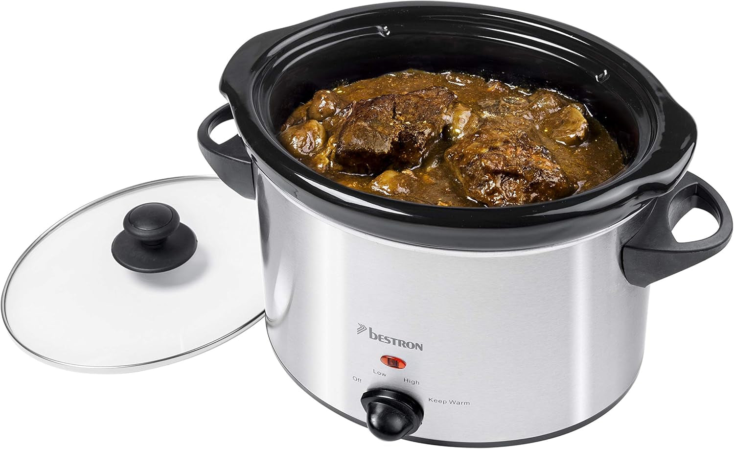 Bestron slow cooker cu tigaie ceramică și capac din sticlă, termostat cu 3 niveluri, ideal pentru multe feluri de mâncare, cum ar fi carne, supe și legume, 3,5 litri, culoare: argintiu Slow Cooker Naty Shop