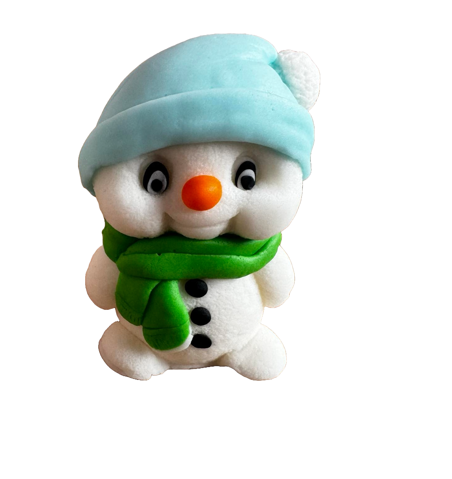 Decoratiune comestibila din pasta de zahar, Om de zapada cu fular verde si caciulita bleu Decoratiuni din Pasta de Zahar Naty Shop