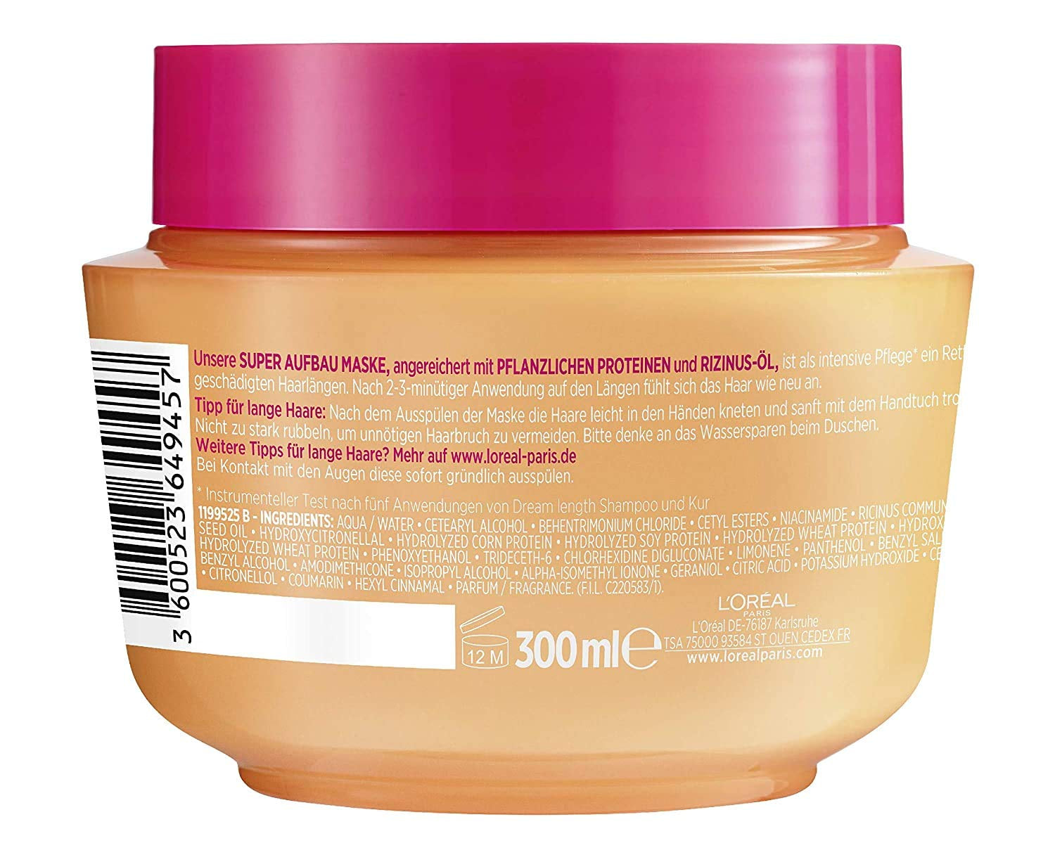L'Oréal Paris Elvital Anti Split End Hair Mask pentru păr lung, deteriorat, Tratament intensiv pentru clătire, Cu vitamine vegetale și ulei de ricin, Dream Length Super Build-up Mask, 1 x 300 ml Masca de par Naty Shop